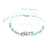 Adjustable Nylon Thread Braided Bead Bracelets, with Alloy Resin Links, Glass Beads and Brass Beads, Sea Horse, Dark Turquoise, Inner Diameter: 1-1/8 inch(2.7cm)~3-1/8 inch(8cm)(BJEW-JB05156-01)