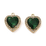 Real 14K Gold Plated 304 Stainless Steel Pendants, with Glass and Rhinestone, Heart Charms, Green, 16.5x13.5x6mm, Hole: 1.6mm(STAS-L022-081G-02)