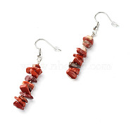 Natural Red Jasper Chip Beads Dangle Earrings, Brass Jewelry for Girl Women, Platinum, 53.5~54.5mm, Pin: 0.5mm(EJEW-JE04649-04)