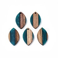 Resin & Walnut Wood Pendants, Two Tone, Horse Eye, Teal, 26x15x2.5mm, Hole: 2mm(RESI-S389-074)