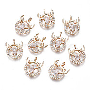 Brass Micro Pave Clear Cubic Zirconia Charms, Long-Lasting Plated, Cadmium Free & Lead Free, Flat Round with Deer, Light Gold, 14x11.5x3mm, Hole: 1.6mm(KK-S359-094-RS)
