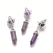 Natural Amethyst Pendants, Pointed Pendants, with Platinum Tone Brass Findings, Star & Bullet, 72mm, Hole: 7x5mm(G-L512-M01)