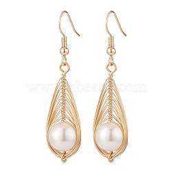 Shell Pearl Braided Teardrop Dangle Earrings, Brass Wire Wrap Jewelry for Women, Golden, 50mm, Pin: 0.7mm(EJEW-TA00088)