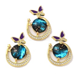 Rack Plating Brass Pave Clear Cubic Zirconia Pendants, Moon with Butterfly Charms with Epoxy Resin, Real 18K Gold Plated, Long-Lasting Plated, Cadmium Free & Lead Free, Cyan, 22.5x16x6mm, Hole: 2.5x5.5mm(KK-G482-07G)