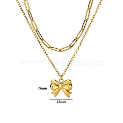 304 Stainless Steel Bowknot Pendant Necklaces, Double Layer Necklaces, Real 18K Gold Plated, 15.24 inch(38.7cm), Bowknot: 12x15mm(NJEW-L182-001G-04)