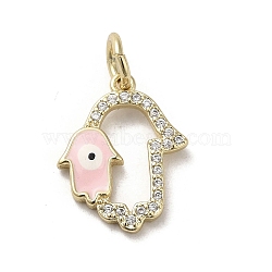 Brass Micro Pave Cubic Zirconia Pendants, with Enamel, with Jump Ring, Real 18K Gold Plated, Hamsa Hand/Hand of Miriam with Evil Eye, Pink, 16.5x13.5x2mm, Hole: 4mm(KK-E092-24G-02)