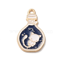 Alloy Enamel Pendants, Golden, Bottle with Cat Charm, Prussian Blue, 30x18.5x2mm, Hole: 2mm(ENAM-Q447-02G)