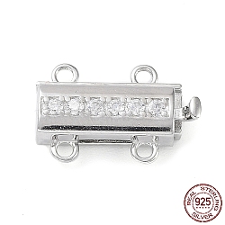 Rhodium Plated 925 Sterling Silver Micro Pave Clear Cubic Zirconia Box Clasps, 2-Strand, 4-Hole, Rectangle, with 925 Stamp, Real Platinum Plated, 14x9.5x3mm, Hole: 1.2mm(STER-G036-03P)
