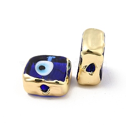 Brass Enamel Beads, Long-Lasting Plated, Real 18K Gold Plated, Square with Evil Eye Pattern, Blue, 10~11x10~11x4.5~5.5mm, Hole: 1.6~1.8mm(KK-F842-02F)
