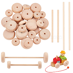 32Pcs 2 Style Schima Wood Vehicle Wheels and 20Pcs 2 Style Schima Wood Sticks, Toy Making Accessories, BurlyWood, Wheels: 2.55~3.8x1.0~1.2cm, Hole: 4.5mm, 16pcs/style, Sticks: 10~15x0.5mm, 10pcs/style(DIY-OC0004-21)