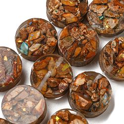 Dyed Natural Imperial Jasper with Resin Beads Strands, Flat Round, Chocolate, 16x5.5~7mm, Hole: 1.2mm, about 11pcs/strand, 6.93 inch(17.6cm)(G-G083-E04-01)