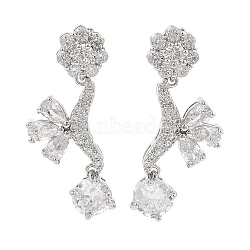 Brass Pave Cubic Zirconia Flower Stud Earrings for Women, Platinum, Clear, 30x12mm(EJEW-I304-23P-06)