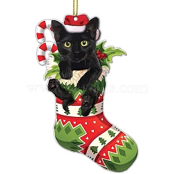 Christmas Cat Shape Acrylic Pendant Decoration, with Nylon Rope and Iron Bell, for Car Rear View Mirror Hanging Ornament, Christmas Socking, 79x44.5x4mm, Hole: 2.4mm(HJEW-E007-01G-05)