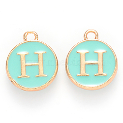 Golden Plated Alloy Enamel Charms, Cadmium Free & Lead Free, Enamelled Sequins, Flat Round with Letter, Turquoise, Letter.H, 14x12x2mm, Hole: 1.5mm(X-ENAM-S118-05H)