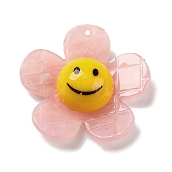 Acrylic Pendants, with Resin Bead,  Flower with Smiling Face, Pearl Pink, 43x44x14mm, Hole: 1.6mm(OACR-Q055-03B)