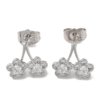 Brass Rhinestone Dangle Stud Earrings with Glass, Flower, Platinum, 11.5x14mm