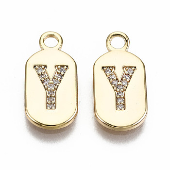 Brass Micro Pave Clear Cubic Zirconia Pendants, Nickel Free, Real 18K Gold Plated, Oval with Word, Letter.Y, 16x7.5x1.5mm, Hole: 1.8mm