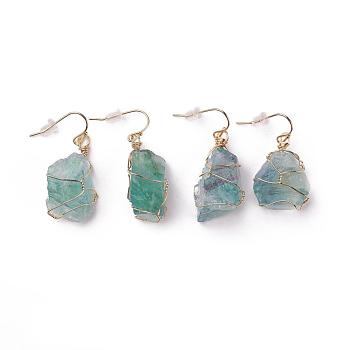 Natural Fluorite Dangle Earrings, with Brass Findings and Plastic Ear Nuts, Nuggets, Golden, 22~50x10~23mm, Pin: 0.7mm