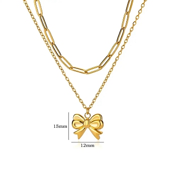 304 Stainless Steel Bowknot Pendant Necklaces, Double Layer Necklaces, Real 18K Gold Plated, 15.24 inch(38.7cm), Bowknot: 12x15mm