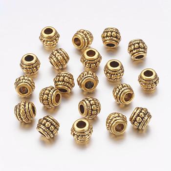 Tibetan Style Alloy Beads, Lead Free, Cadmium Free and Nickel Free, Barrel, Antique Golden, about 8mm in diameter, 6.5mm thick, hole: 3.5mm