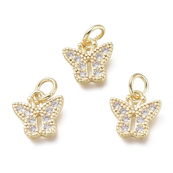 Brass Micro Pave Clear Cubic Zirconia Pendants, with Jump Rings, Butterfly, Real 18K Gold Plated, 10x10x1.5mm, Hole: 3.5mm