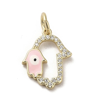Brass Micro Pave Cubic Zirconia Pendants, with Enamel, with Jump Ring, Real 18K Gold Plated, Hamsa Hand/Hand of Miriam with Evil Eye, Pink, 16.5x13.5x2mm, Hole: 4mm