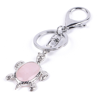 Natural Rose Quartz Sea Turtle Pendant Keychains, with Alloy Findings, for Car Bag Accessories Pendant, 11.2x3.1cm