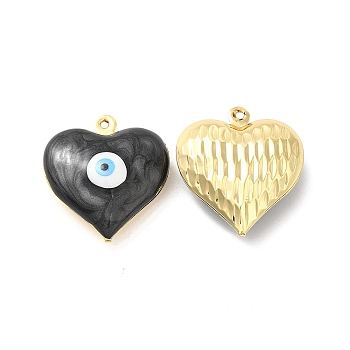 Brass Enamel Pendants, Real 18K Gold Plated, Long-Lasting Plated, Heart with Evil Eye Pattern, Black, 24x22x8mm, Hole: 1.2mm