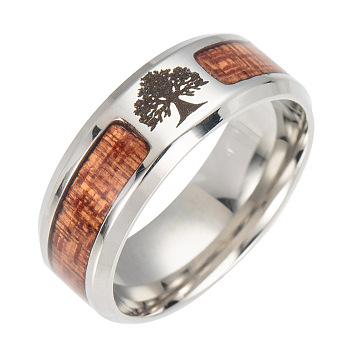 Stainless Steel Wide Band Finger Rings, with Acacia, Tree, Stainless Steel Color, US Size 11 1/4(20.7mm)