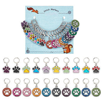 Dog Paw Print Alloy Enamel with Glitter Powder Pendant Stitch Markers, Crochet Leverback Hoop Charms, Locking Stitch Marker with Wine Glass Charm Ring, Mixed Color, 3.2~3.7cm, 2 style, 10pcs/style, 20pcs/set