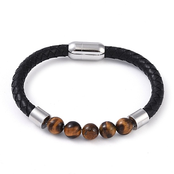 Round Natural Tiger Eye Bead Bracelets, Braided Leather Cord Bracelets with Platinum Tone 304 Stainless Steel Magnetic Clasps, for Men Women, 8 inch(20.3cm), 6~10mm