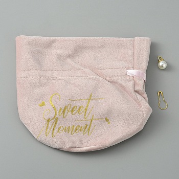 Velvet Jewelry Drawstring Pouches, with Charm, Wedding Party Gift Bag with Glod Stamping Word Sweet Moment, Pink, Unfold: 14x15cm