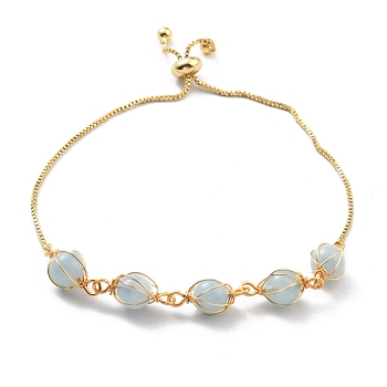 Natural Aquamarine Wrapped Bracelets, Golden Brass Slider Bracelet for Women, Lead Free & Cadmium Free, 10-5/8 inch(27cm)