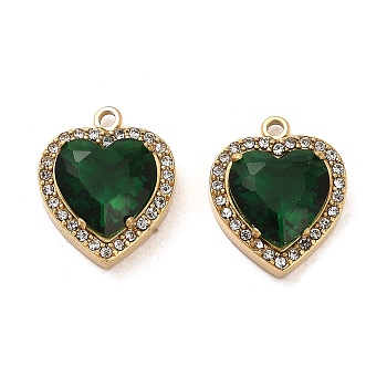 Real 14K Gold Plated 304 Stainless Steel Pendants, with Glass and Rhinestone, Heart Charms, Green, 16.5x13.5x6mm, Hole: 1.6mm