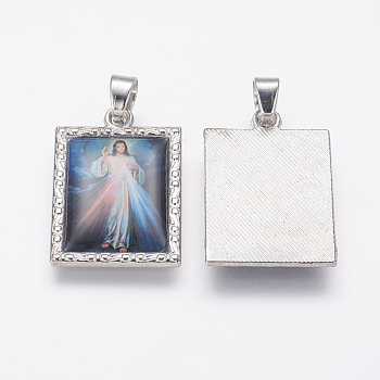 Alloy Glass Pendants, Platinum Plated, Rectangle, Colorful, 28x19x2mm, Hole: 4x5mm