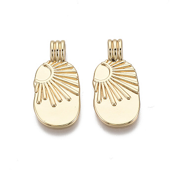 Brass Pendants, Oval with Sun, Nickel Free, Real 18K Gold Plated, 21.5x10.5x4.5mm, Hole: 2mm