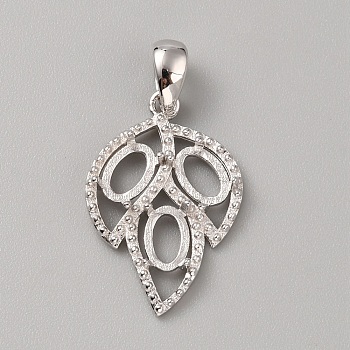 Rhodium Plated 925 Sterling Silver Pendant Cabochon Settings, Hollow Leaf with Oval Open Back Settings, with S925 Stamp, Platinum, 21x14x3.5mm, Hole: 4.5x3.5mm, Tray: 6x4mm