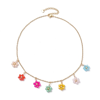 Bohemian Style Stainless Steel Glass Pendant Necklaces for Women, Flower, Colorful, 14.76 inch(37.5cm)