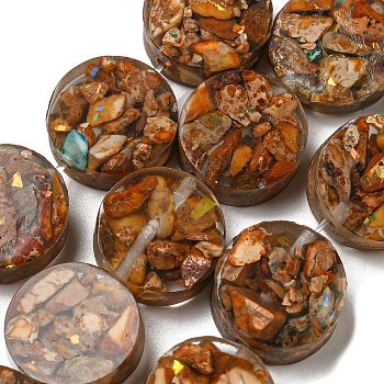 Dyed Natural Imperial Jasper with Resin Beads Strands, Flat Round, Chocolate, 16x5.5~7mm, Hole: 1.2mm, about 11pcs/strand, 6.93 inch(17.6cm)