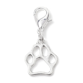 Alloy Pendant Decorations, with Zinc Alloy Lobster Claw Clasps, Cadmium Free & Lead Free, Bear Paw Prints, Antique Silver, 36mm