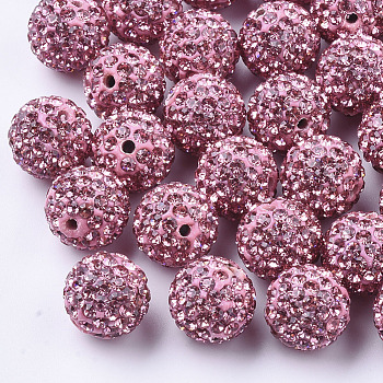 Handmade Polymer Clay Rhinestone Beads, Round, Pave Disco Ball Beads, Light Rose, PP13(1.9~2mm), 7 rows rhinestone, 11.5~12mm, Hole: 1.4mm