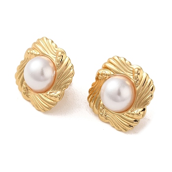 Texture Square 304 Stainless Steel Stud Earrings, Plastic Imitation Pearl Earrings for Women, Golden, 18.5x18.5mm