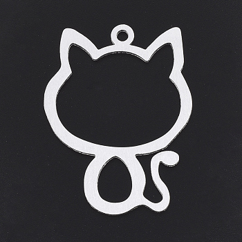 Aluminium Kitten Pendants, Laser Cut Pendants, Cat Silhouette Shape, Silver Color Plated, 49.5x38x1mm, Hole: 3mm