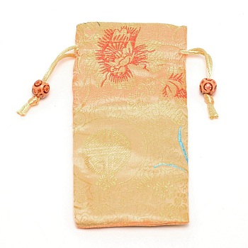 Polyester Pouches, Drawstring Bag, with Wood Beads, Rectangle with Floral Pattern, Wheat, 16~17x7.8~8x0.35cm