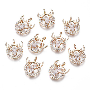 Brass Micro Pave Clear Cubic Zirconia Charms, Long-Lasting Plated, Cadmium Free & Lead Free, Flat Round with Deer, Light Gold, 14x11.5x3mm, Hole: 1.6mm