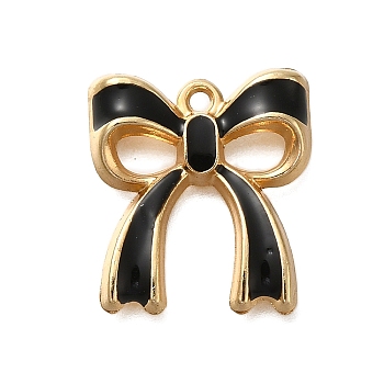 Rack Plating Alloy Enamel Pendants, Bowknot Charm, Golden, Black, 19.5x17.5x3mm, Hole: 1.5mm