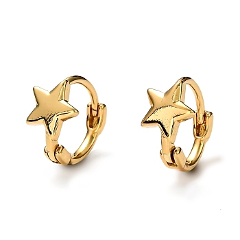 Brass Huggie Hoop Earrings, Ring with Star, Real 18K Gold Plated, 10x2mm, Pin: 1mm