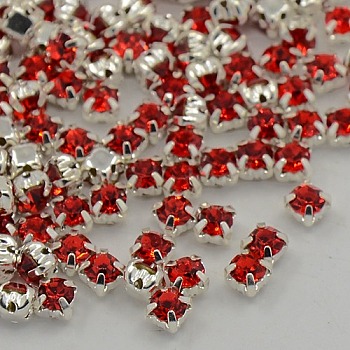 Sew on Rhinestone, Grade A Glass Rhinestone, with Brass Prong Settings, Garments Accessories, Silver Color Plated Metal Color, Light Siam, 3~3.2x3~3.2mm, Hole: 1mm, about 1440pcs/bag