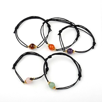 Gemstone Adjustable Link Bracelets, with Alloy Bead Caps and Waxed Cotton Cord, Antique Golden, Natural & Synthetic Mixed Stone, 43~75mm
