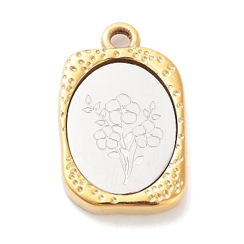 304 Stainless Steel Pendants, Rectangle with Twelve Zodiac Flower Charm, Golden & Stainless Steel Color, February Violet, 23x14.5x3mm, Hole: 2mm
